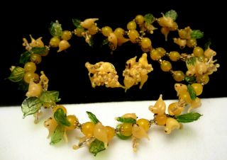 Rare Vintage Yellow Glass Birds Bead 16 " Necklace & Clip On Earring Set A14
