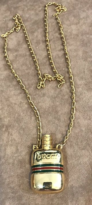 Authentic Gucci Vintage Gold Plated Green Red Stripe Perfume Bottle Necklace