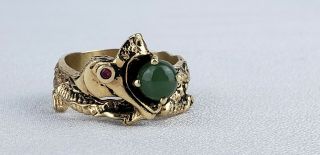 Vintage Estate 14k 3d Chinese Dragon Ring Ruby Eye Jade Cabochon Size 8.  5