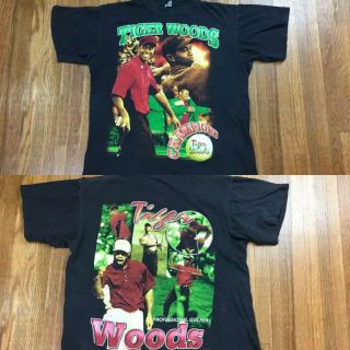 Vintage Tiger Woods T Shirt Sz L Bootleg Rap Tee Double Sided Bay Club Hip Hop