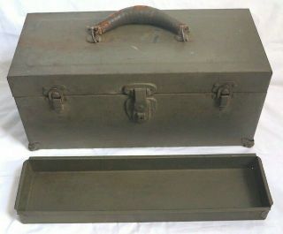Antique M5 Steel Tool Chest Box W/tray Wwii Ww2 Olive Drab Leather Handle