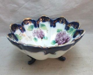 Vintage Flow Blue Porcelain Hand Painted Violets Footed Candy Dish