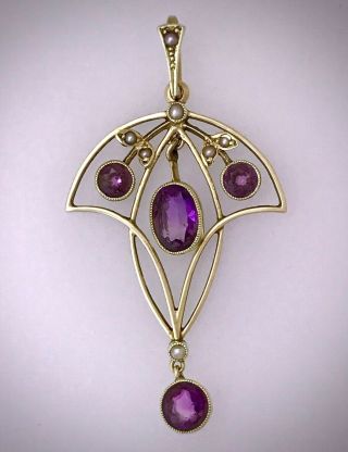 15ct Yellow Gold Edwardian Lavaliere Pendant Set With Amethyst & Seed Pearls.