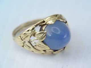 Antique Art Nouveau Solid 14k Gold Blue Stone Ring Chalcedony Leaf Design