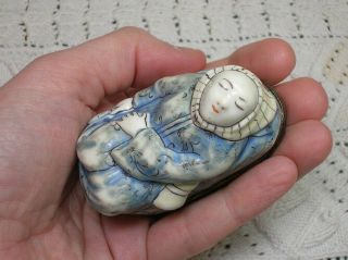 Antique French Snuff Box,  18th Century.  Figural Monk.  Faience,  Chinoiserie