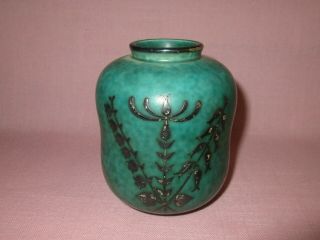Vintage Gustavsberg Argenta Wilhelm Kage Art Pottery Silver Overlay Flower Vase