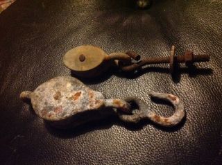 2 Vintage Pulleys Collectable Hardware With Hook 2
