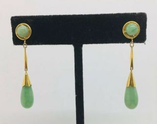 Vintage 14k Yellow Gold Green Jade Long Dangle Drop Earrings