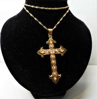 Victorian 14ct Gold & Seed Pearl Cross Pendant Yellow Gold Necklace Impressive