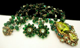 Rare Vintage Signed Miriam Haskell Green Glass Rhinestone Necklace & Earring Set