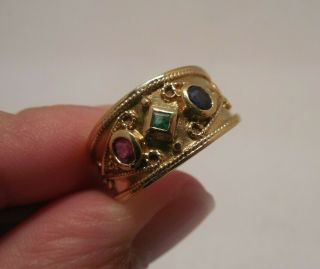 Vintage - 18k Yellow Gold - Ruby & Sapphire & Emerald - Milgrain - Bezel Set Ring