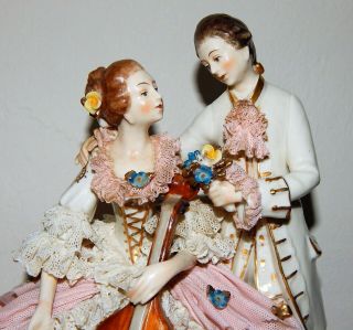 Antique Dresden Lace Porcelain Figurine Lady Playing Cello / Man With Flowers