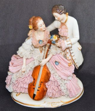 ANTIQUE DRESDEN LACE PORCELAIN FIGURINE LADY PLAYING CELLO / MAN WITH FLOWERS 2