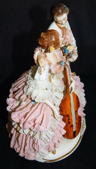 ANTIQUE DRESDEN LACE PORCELAIN FIGURINE LADY PLAYING CELLO / MAN WITH FLOWERS 3