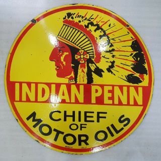 Indian Penn Chief 2 Sided 30 Inches Round Vintage Enamel Sign