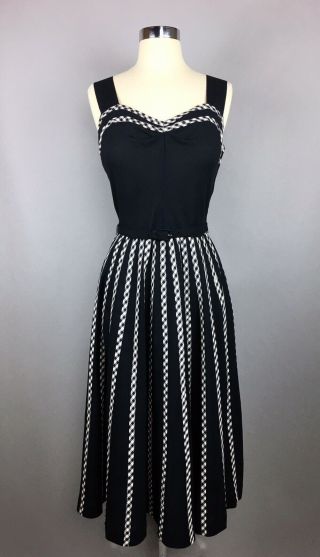 Vintage 1950s Black Linen Blend Sundress W/ Gingham Check Trim Size 16
