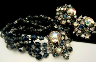 Rare Vintage Signed Demario Blue Crystal Rhinestone Bracelet & Clip Earring Set