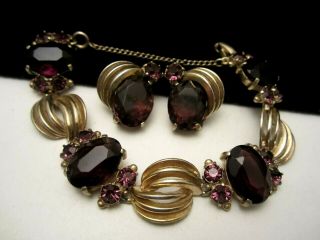 Vintage Signed Schiaparelli Goldtone Purple Glass Rhinestone Bracelet Earrings