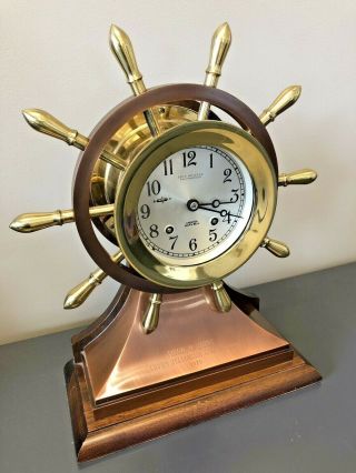 CHELSEA “MARINER” SHIPS WHEEL MANTLE CHIME CLOCK RUNNING AND STRIKING NO RES 2