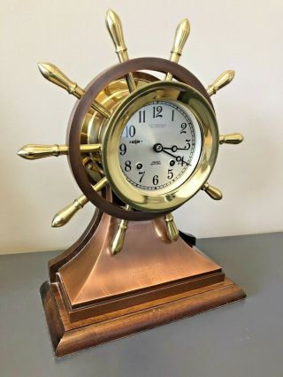 CHELSEA “MARINER” SHIPS WHEEL MANTLE CHIME CLOCK RUNNING AND STRIKING NO RES 3