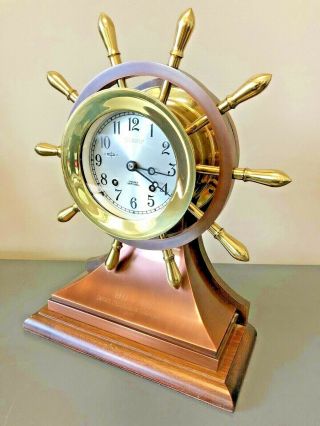 CHELSEA “MARINER” SHIPS WHEEL MANTLE CHIME CLOCK RUNNING AND STRIKING NO RES 4