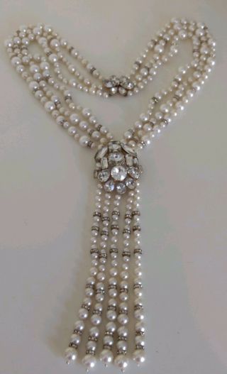 Vintage Signed Vogue Jlry Necklace Huge Runway Statement Faux Pearl & Rhinestone