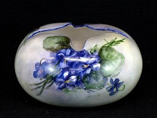 Vintage Antique Hand Painted Ceramic Vase Wild Purple Violets Signed Olson