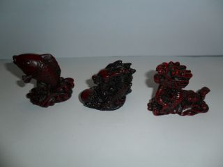3 X Red Resin Chinese Dragons & Leaping Carp Fish Figures.