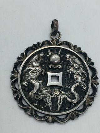 Chinese Antique Sterling Silver Ornate Dragon Double Sided Medallion Pendant