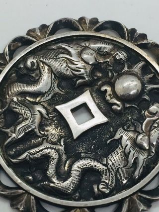 Chinese Antique Sterling Silver Ornate Dragon Double Sided Medallion Pendant 3