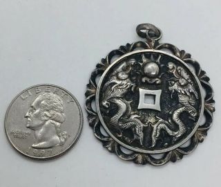 Chinese Antique Sterling Silver Ornate Dragon Double Sided Medallion Pendant 4