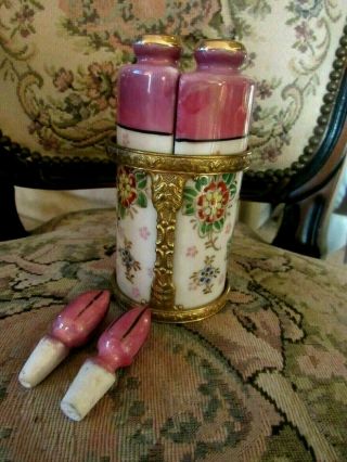 1930 Unusual Set Of 2 Hand Painted Perfumes W/stoppers In Embossed Brass Holder