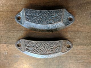 Set Of 2 Antique Eastlake Ornate Cast Iron Apothecary Bin Pulls Drawer Handles