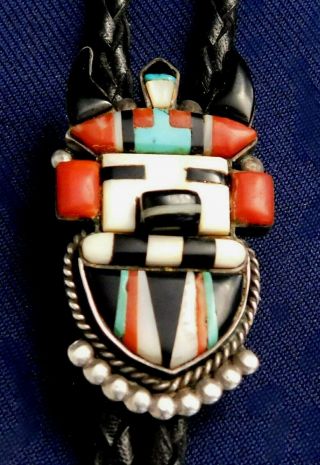 Zuni Sterling Multi Stone Inlay Handmade Vintage Kachina Portrait Bolo Tie