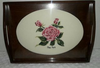 Vintage Hand Made Wood And Glass Serving Tray Rose Needle Point - York