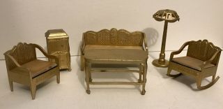 Antique Tootsietoy Metal Dollhouse Living Room Suite - Gold.  Circa 1930s