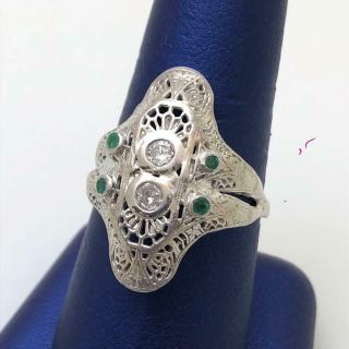 Antique 14k White Gold Diamond Emerald Ring Art Deco Vintage Filigree Size 10