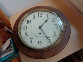Large Antique Vintage Round Oak Key Wind Wall Clock - Seth Thomas