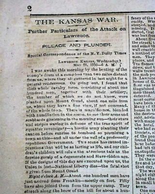 Bleeding Kansas War Missouri Border Ruffians - Staters Slavery 1856 Newspaper