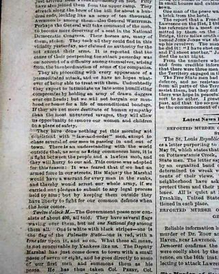 BLEEDING KANSAS WAR Missouri Border Ruffians - Staters Slavery 1856 Newspaper 2