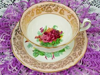 ADDERLEY PURPLE ROSES GOLD GILT FLORAL BLUSH PINK TEA CUP & SAUCER 2