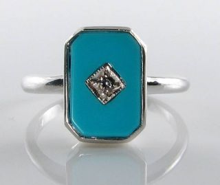 Mourning 9k 9ct White Gold Turquoise & Diamond Art Deco Ins Ring Sizing