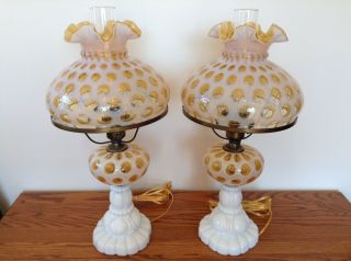 Vintage Fenton L.  G.  Wright Honeysuckle Opalescent Coin Dot Lamp 2 Available