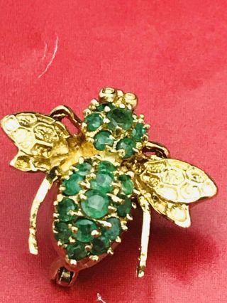 Vintage 14k Yellow Gold Green Emerald Bee Fly Pin Brooch