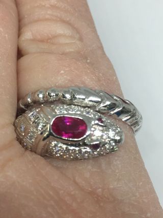 14k White Gold Diamond,  Ruby Snake Ring 2