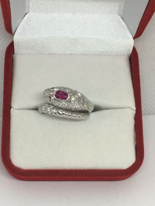 14k White Gold Diamond,  Ruby Snake Ring 4