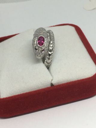 14k White Gold Diamond,  Ruby Snake Ring 6