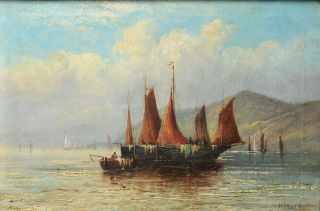 Antique German 19th Century Oil Painting On Canvas : Fishing Schooners