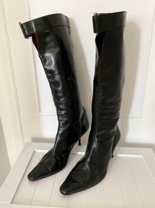 Christian Louboutin - Calf Length Kitten Heel Black Leather Boots Vintage