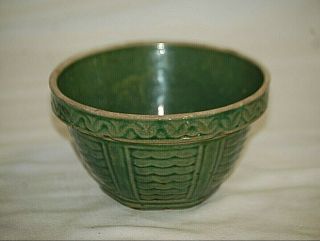 Primitive Stoneware Crock Art Pottery Green Wavy Swag Mixing Bowl Kitchen Tool